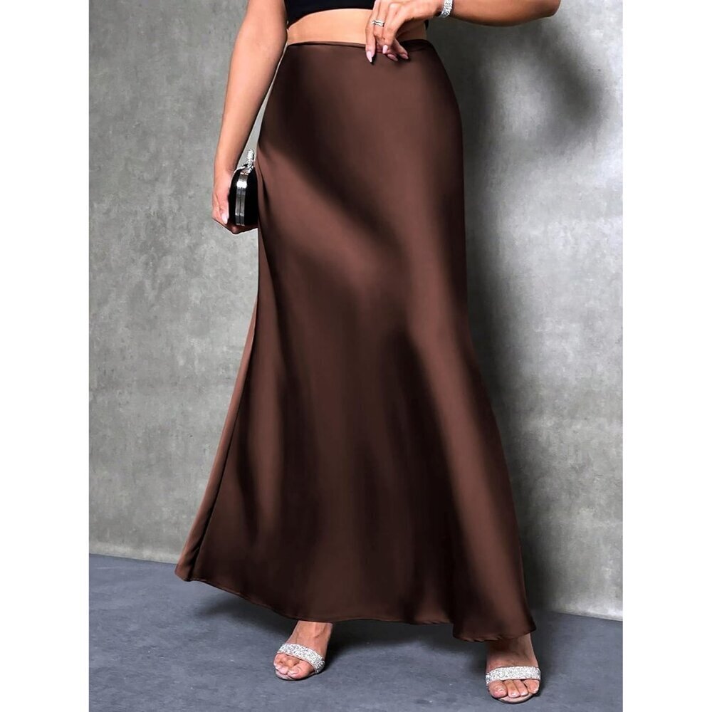 Elegant Satin Maxi Skirt for Women High Waisted Deep Brown Silk Dressy Casul - Picture 5 of 7